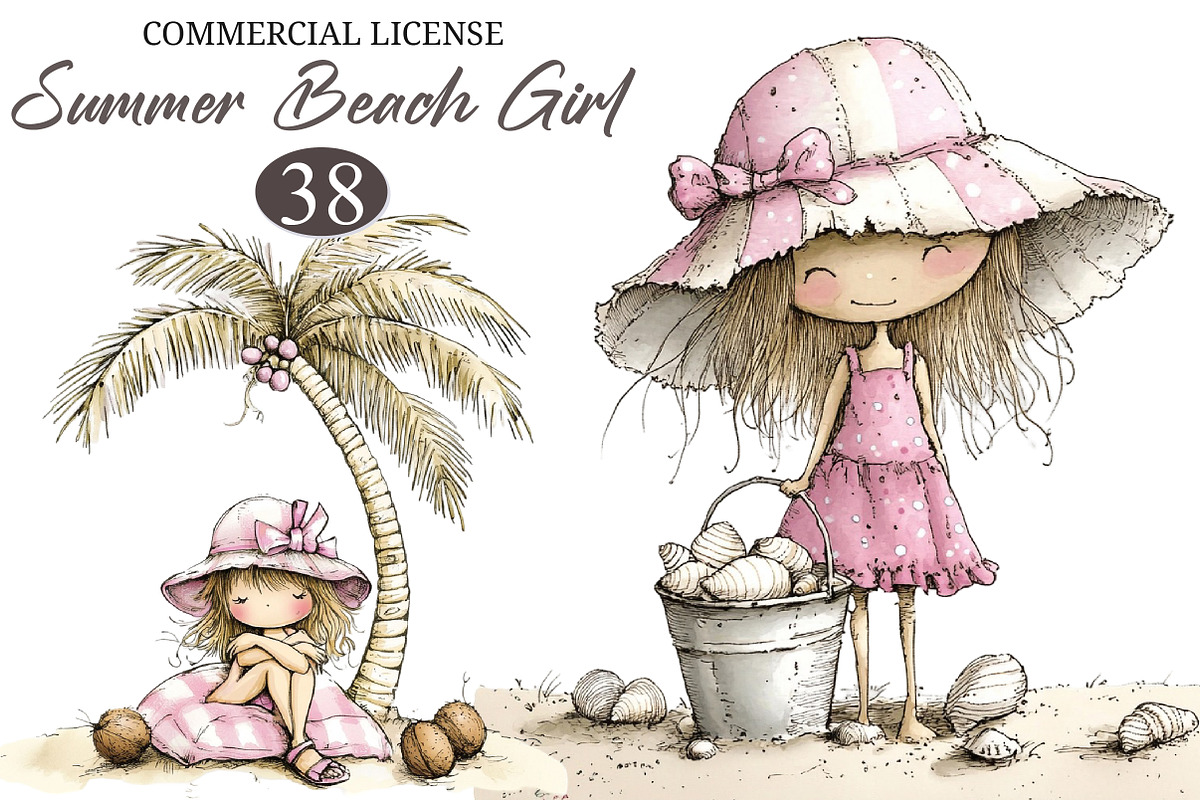 Whimsical Summer Beach Girl Clipart, an Illustration by designcity5 (Photo 1 of 5)