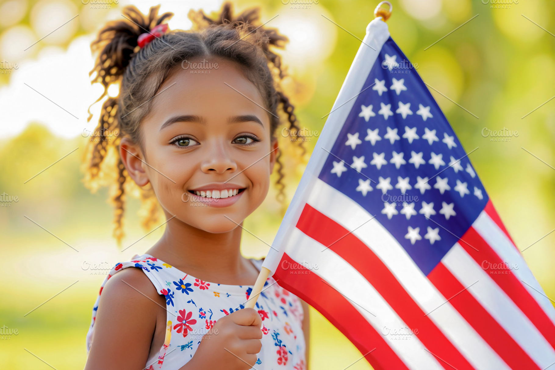 Young girl holding an American flag, a Photo by rarrarorro