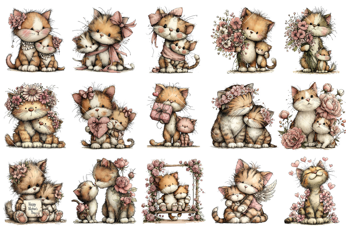 Whimsical Mother's Day Cat Clipart, an Illustration by OK Design (Photo 3 of 6)