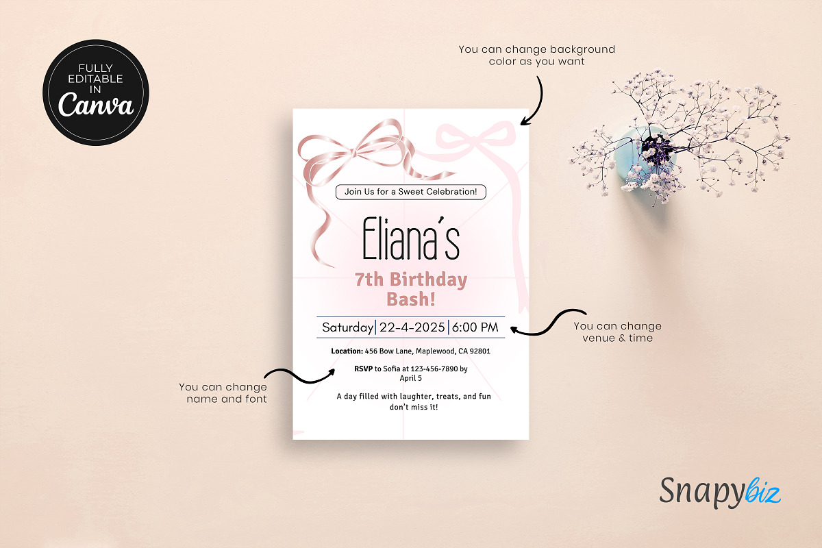 Pink Bow Birthday Invitation Temp, an Invitation Template by Snapybiz (Photo 7 of 10)