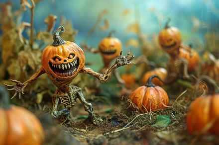 A collection of pumpkins scattered a, a Photo by Iftikhar Alam