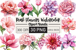 Pink Flowers Watercolor Clipart, an Illustration by Black Bird Studio