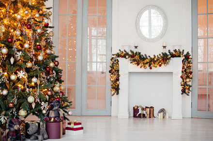 Christmas tree in a bright decorated featuring christmas, tree, and background, a Holiday Photo by Gorinafoto