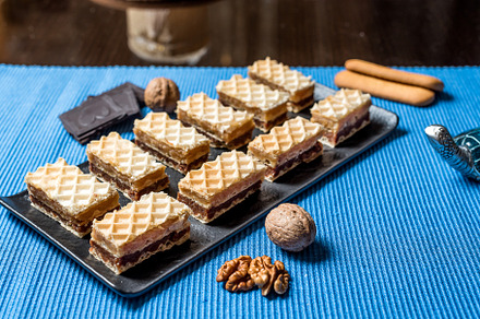 Caramel and chocolate waffer dessert, a Background Photo by wr7 Media