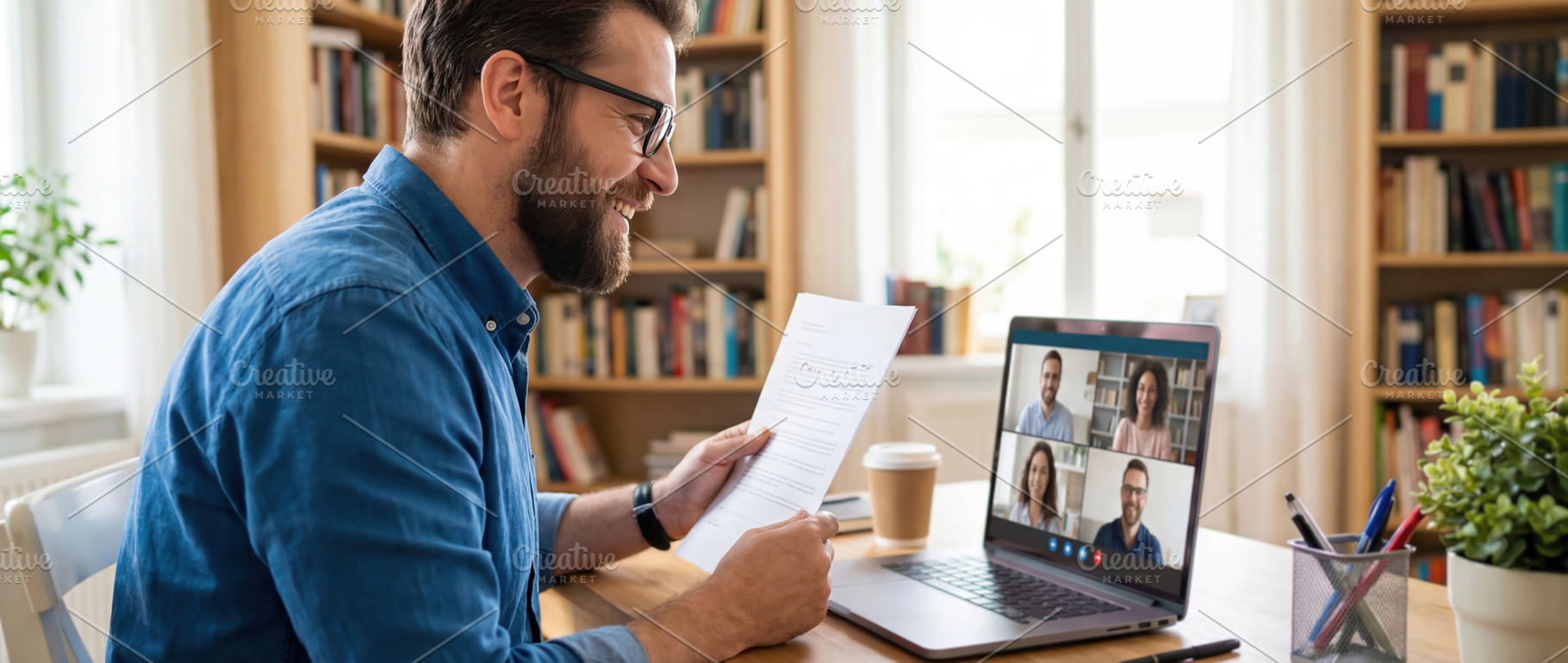 Remote meeting cozy office, a Business Photo by Shootdiem