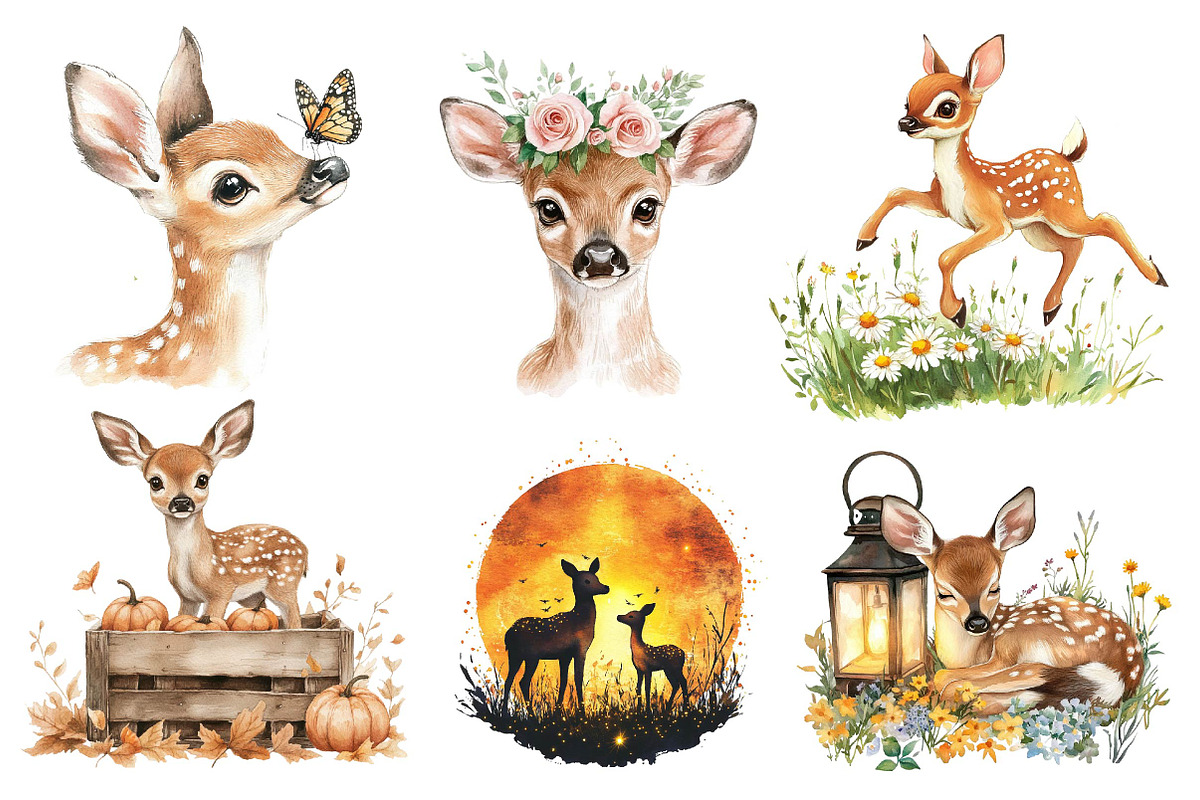 Watercolor Fawn & Doe Clipart, an Illustration by CreationArt (Photo 2 of 5)
