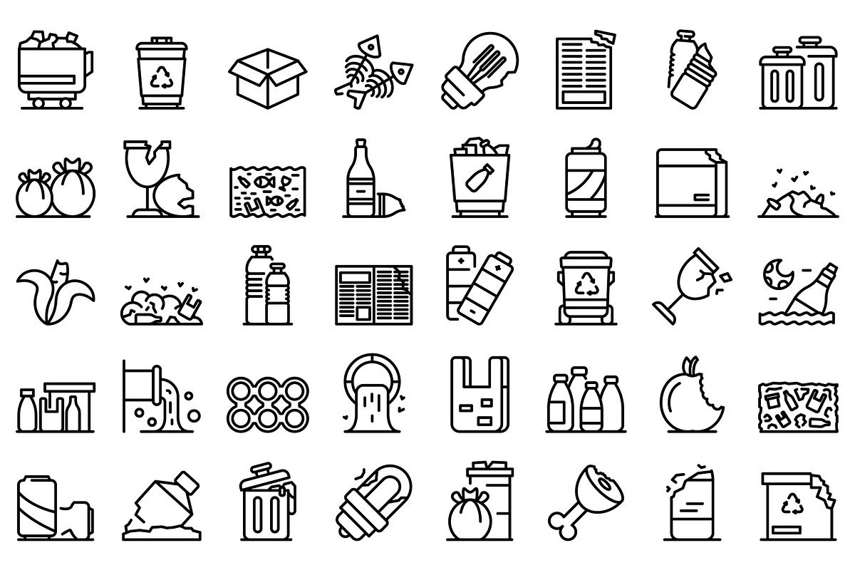 Waste icons set, outline style, a Food Illustration by Ylivdesign