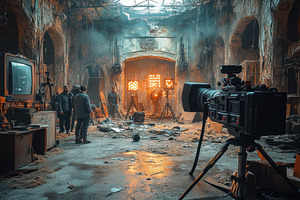 Film crew captures scenes in a derel, a Photo by Tanuart