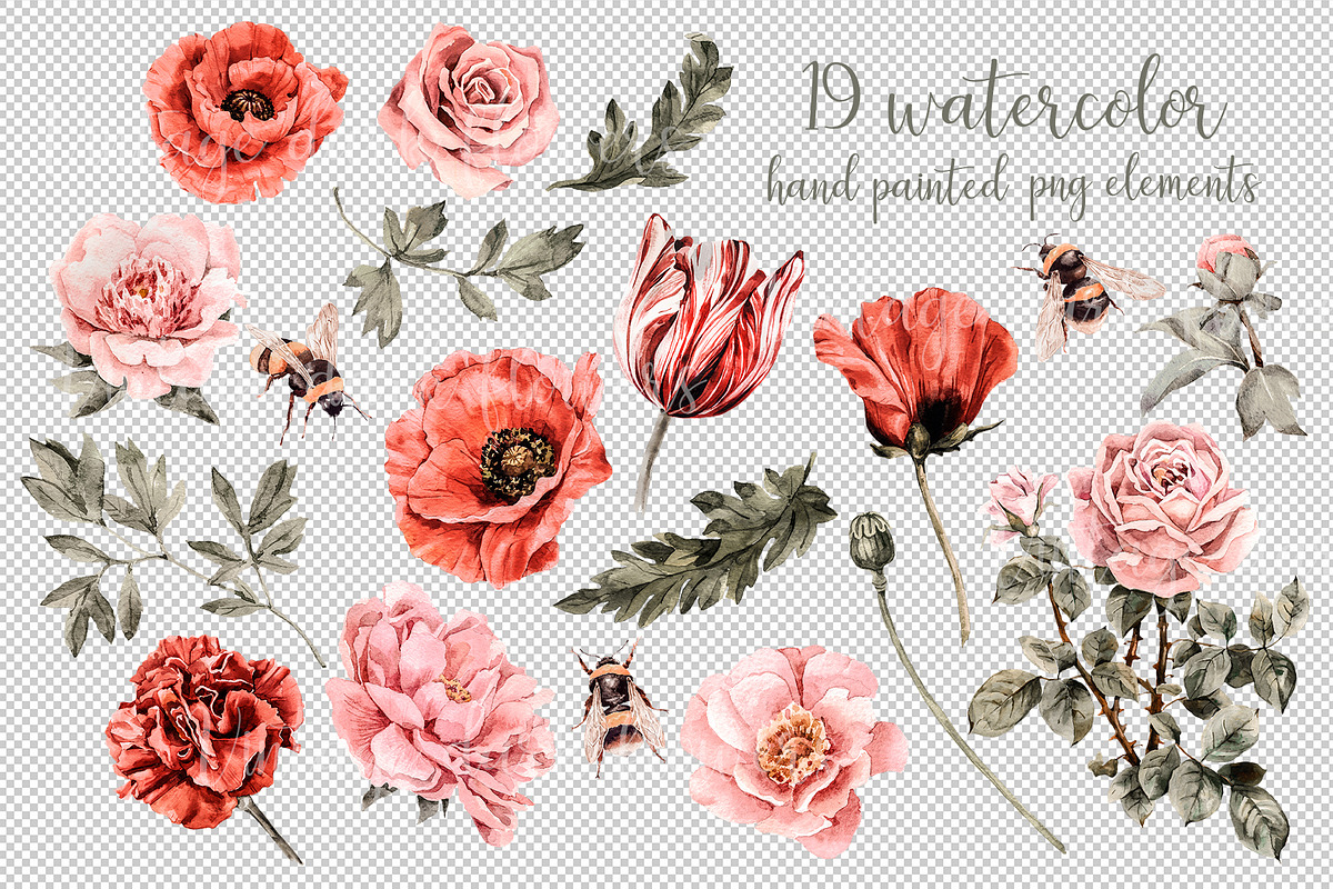 Dark vintage flowers and bees set, an Illustration by Alamella (Photo 9 of 9)