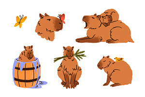 Cute, Funny Capybaras Animals Set