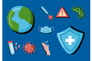 nine pandemic conjuncture icons, a Healthcare Illustration by studiogstock