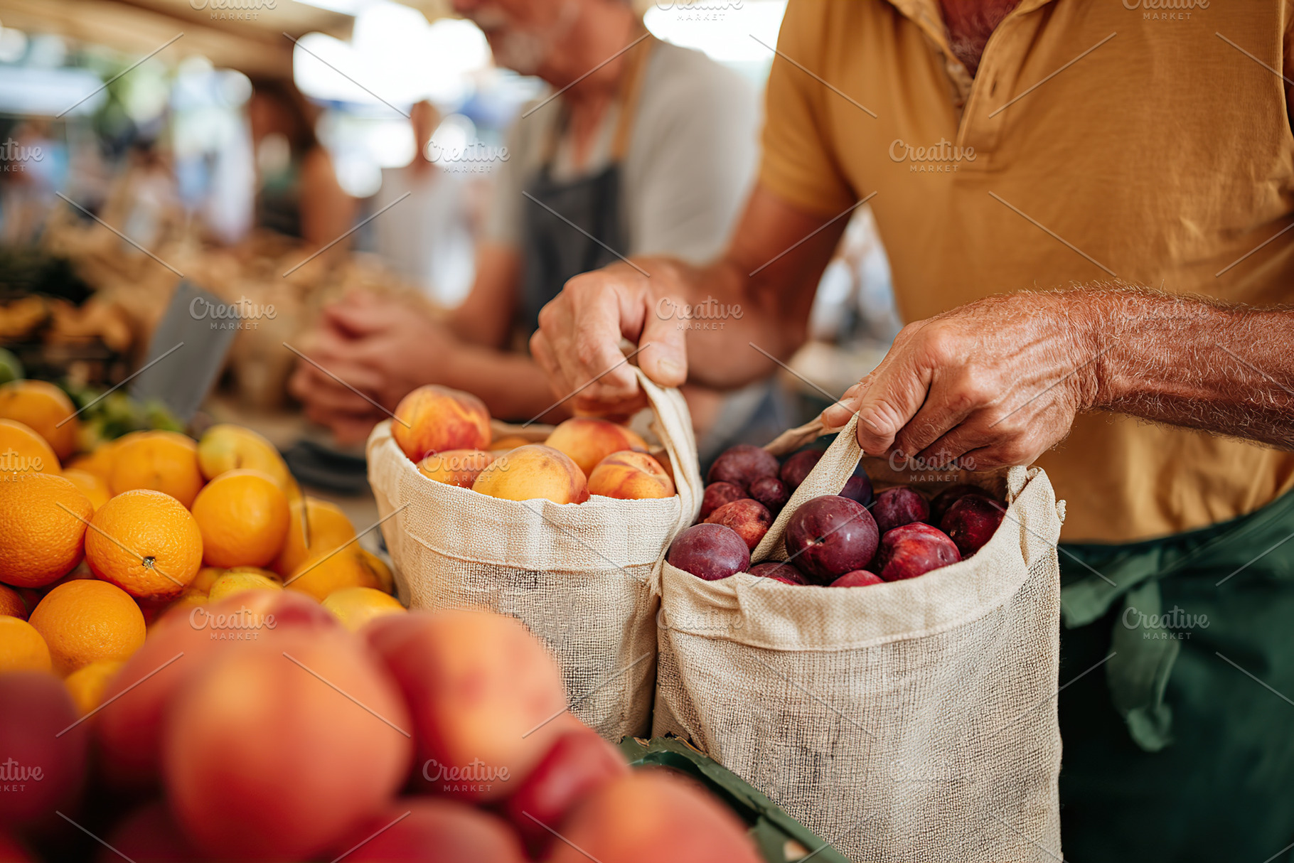 Fruit vendor sorting fresh peaches and plums at outdoor market during sunny mor, a Food & Drink Photo by AlyaAnd