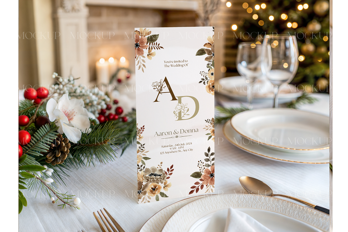 4x9 Christmas Card on Festive Table, a Product Mockup by MockupWizard (Photo 2 of 3)
