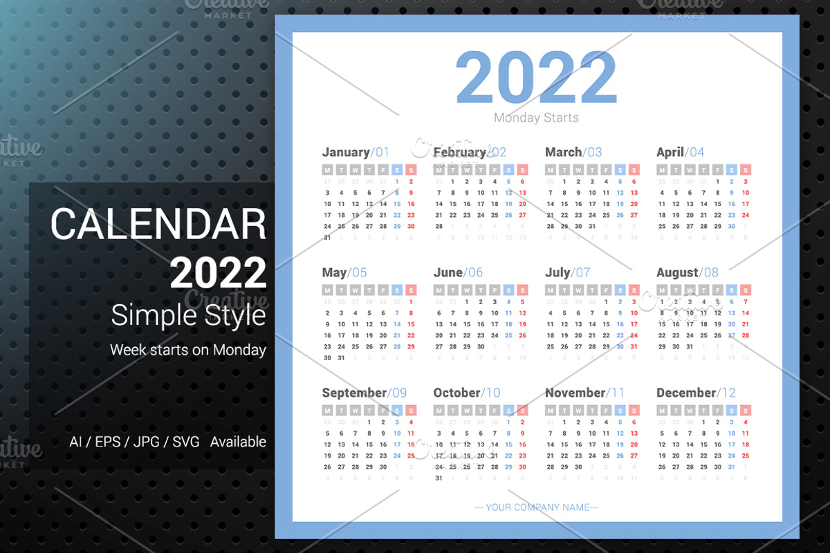 2022 Simple Calendar Monday Starts., a Stationery Template by WORAKAMON Design Studio (Photo 1 of 3)