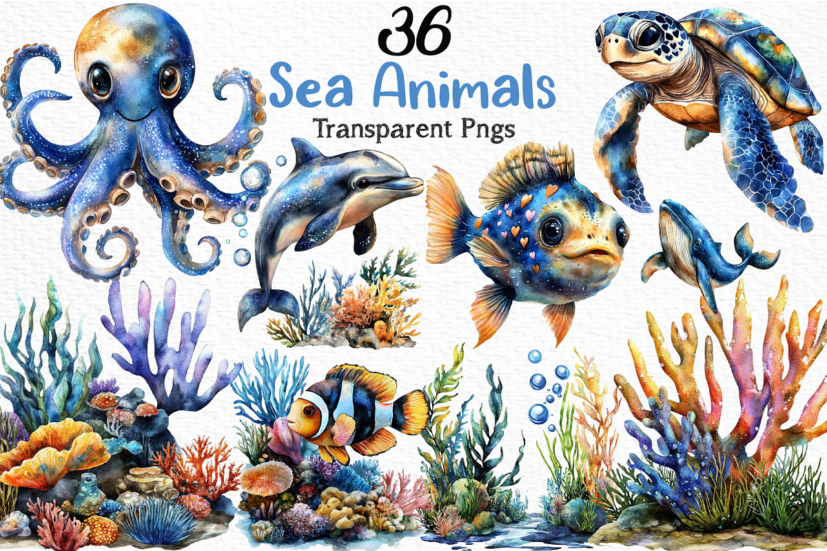 Watercolor Sea Animals Clipart, an Illustration by Craft Nest (Photo 1 of 12)