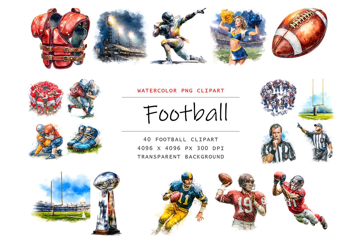 Watercolor Football Clipart, a Decorative Illustration by stickermadness (Photo 1 of 5)