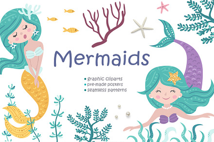 Mermaid Clipart & Pattern, a Wallpaper Graphic by Nafanya