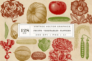 Vintage Fruit Vegetables & Flowers, an Object Graphic by Eclectic Anthology