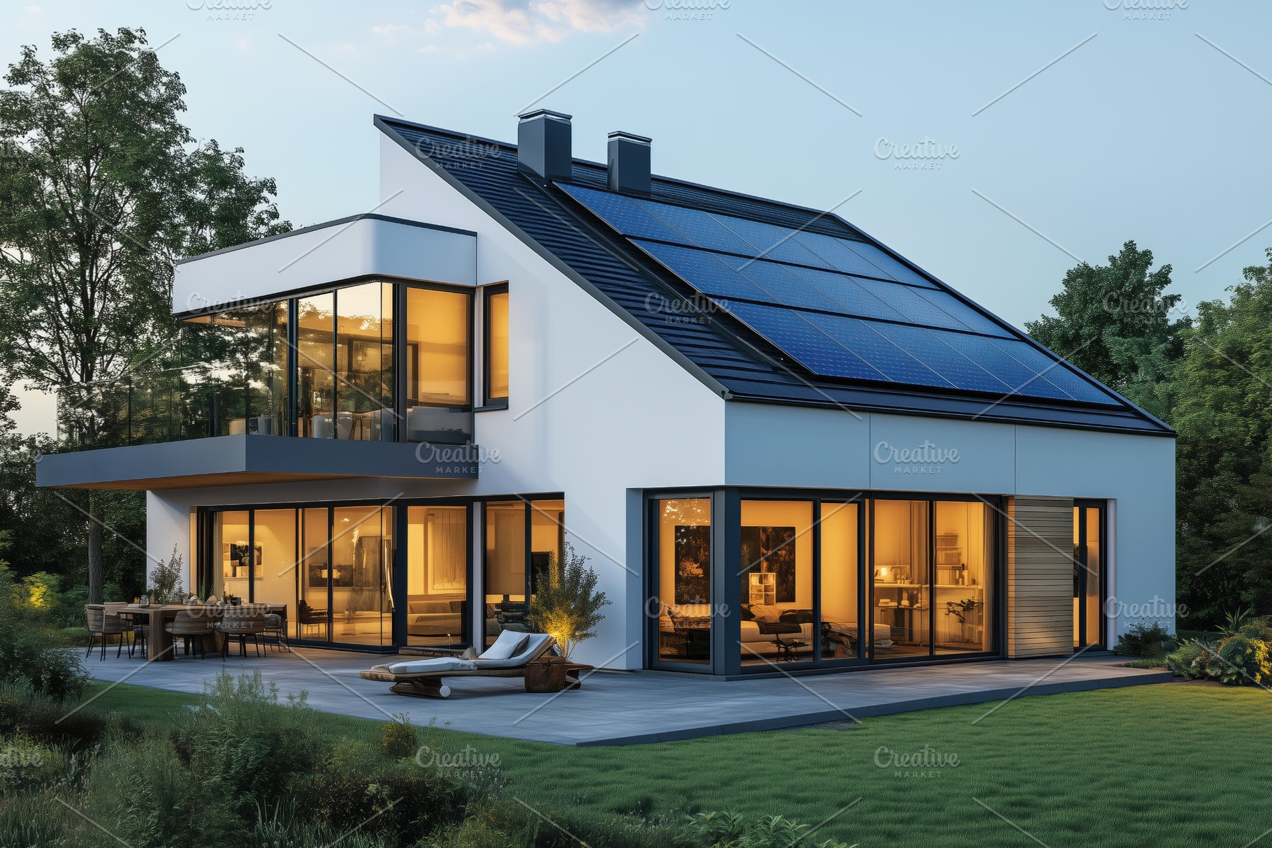 A modern house with large glass windows and solar panels on the roof, surrounde, an Industrial Photo by Textures & Backgrounds