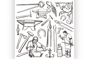 Hand drawn sketch blacksmith set, an Illustration by Netkoff