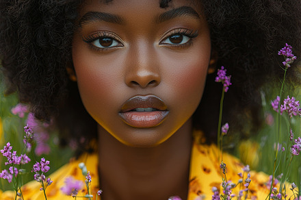 Fashionable woman in yellow jacket surrounded by purple flowers, a Photo by AS photostudio