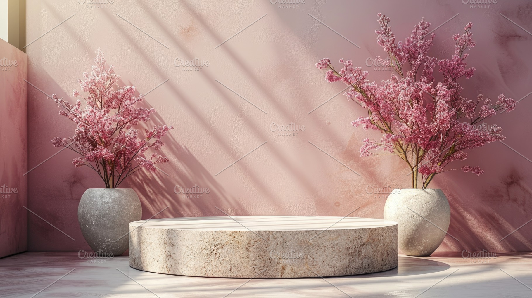 Elegant stone podium mockup with pink floral decor and soft shad, a Nature Photo by José Manuel Gelpi