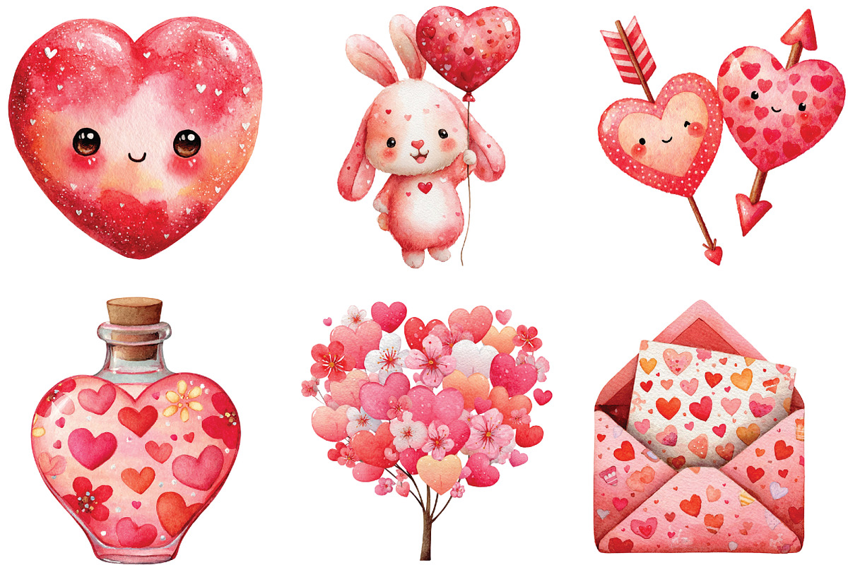 Watercolor Kawaii Valentine Clipart, an Illustration by CraftArtStudio (Photo 2 of 6)