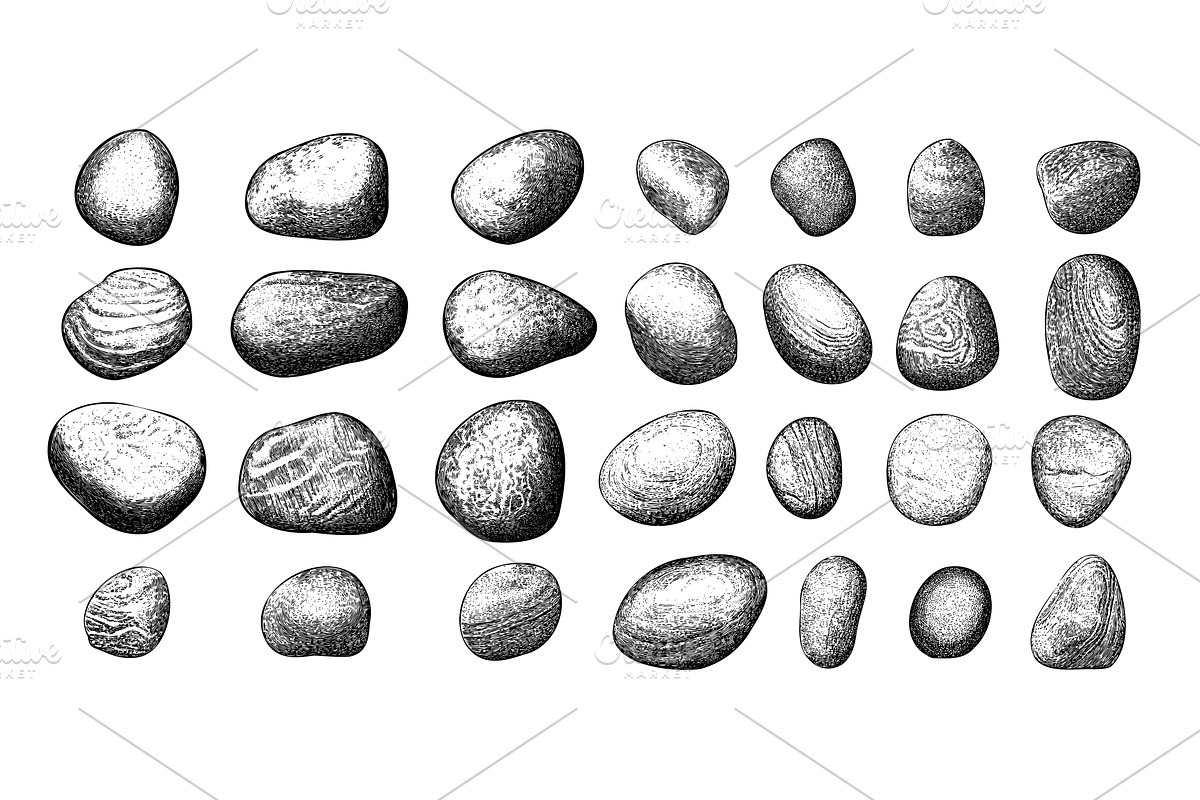 Stones rocks engraving vector set, an Object Illustration by Valerie Bodnar