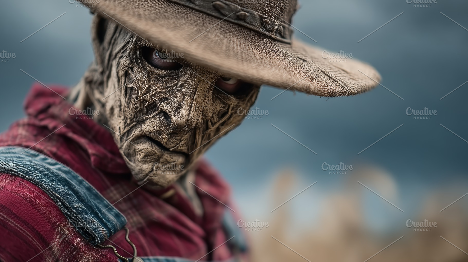 Creepy scarecrow farmer wearing a straw hat and worn overalls, eerie horror por, a Photo by AS photostudio