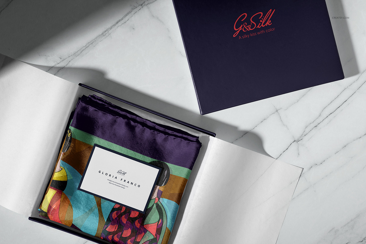 Habotai Silk Scarf with Box Mockup, a Hat Mockup by creatsy5 (Photo 7 of 10)