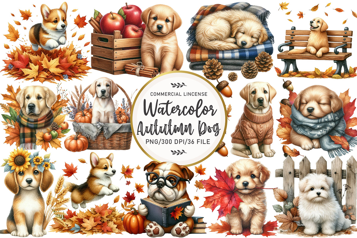 Watercolor Autumn Dog Clipart, an Illustration by OK Design (Photo 1 of 5)