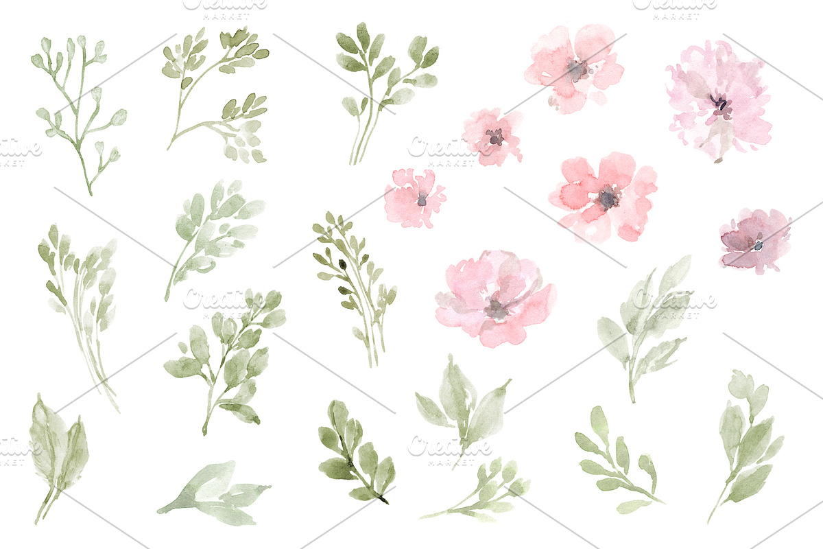 Watercolor Dusty Green Pink Flowers, a Decorative Illustration by GraphicsDish (Photo 2 of 5)