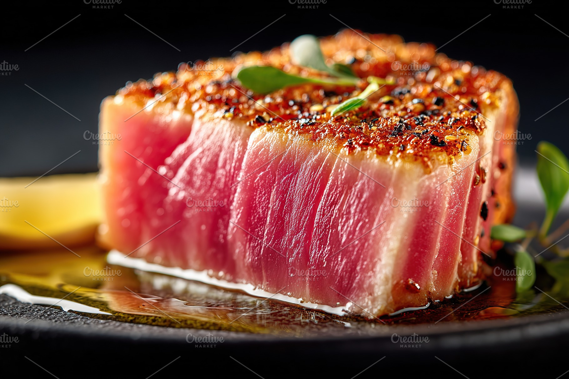 Beautifully seared tuna steak served on a black plate with herbs and lemon, a Food & Drink Photo by AlyaAnd