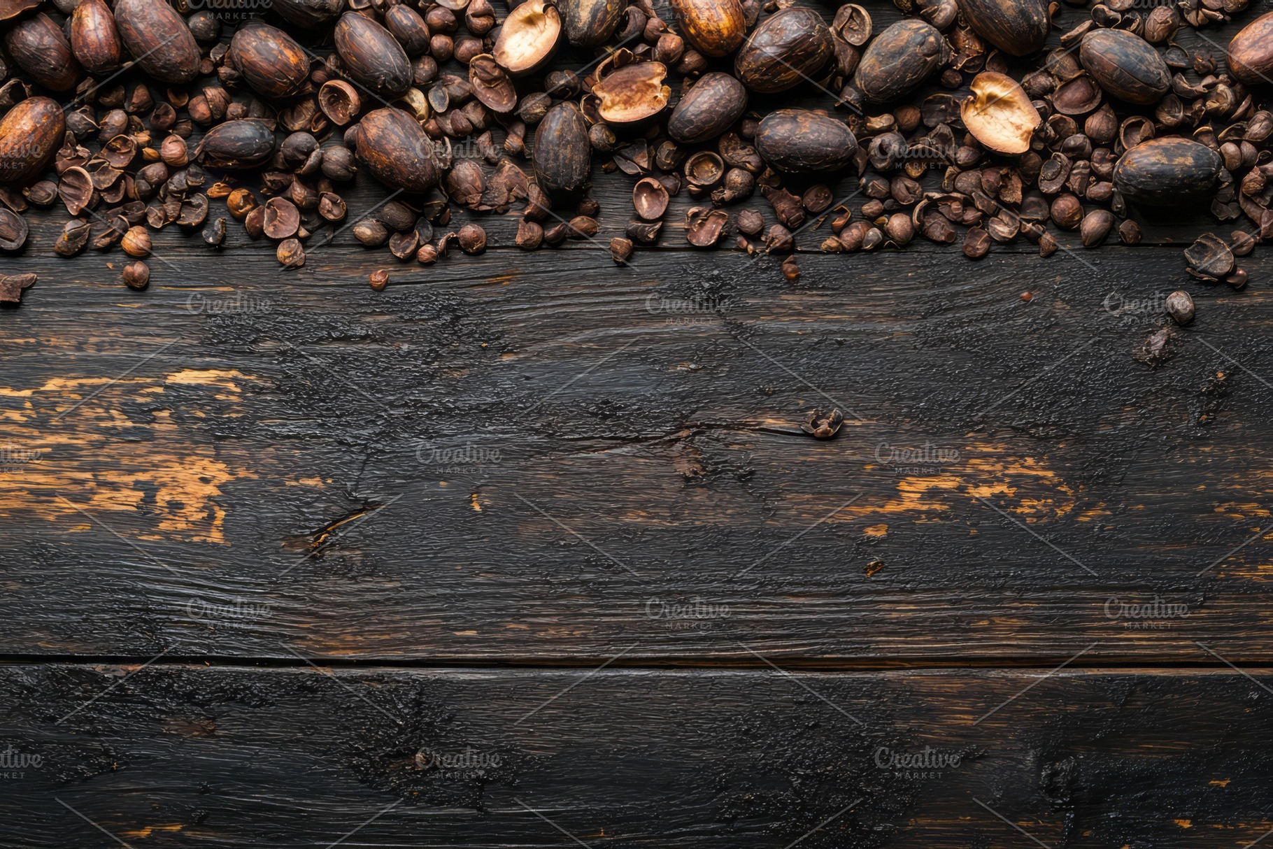 A rustic wooden surface adorned with a mix of coffee beans and roasted shells,, a Background Photo by ImageMir