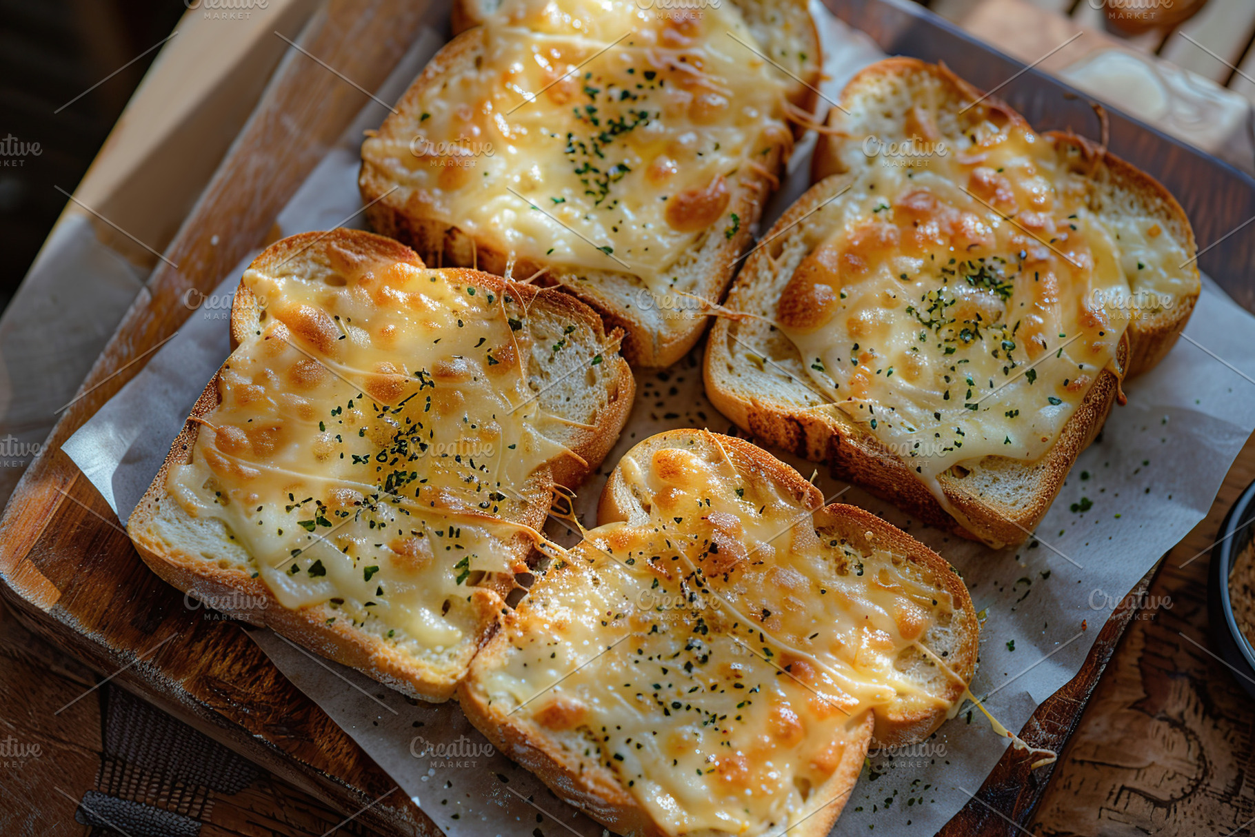 Top view of toast bread with melted mozzarella cheese on wooden, a Food & Drink Photo by AlyaAnd