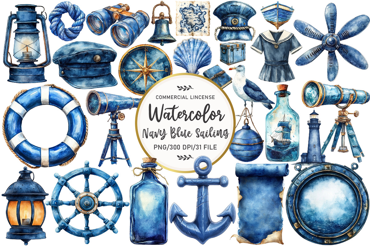 Vintage Navy Blue Sailing Clipart, an Illustration by OK Design (Photo 1 of 5)