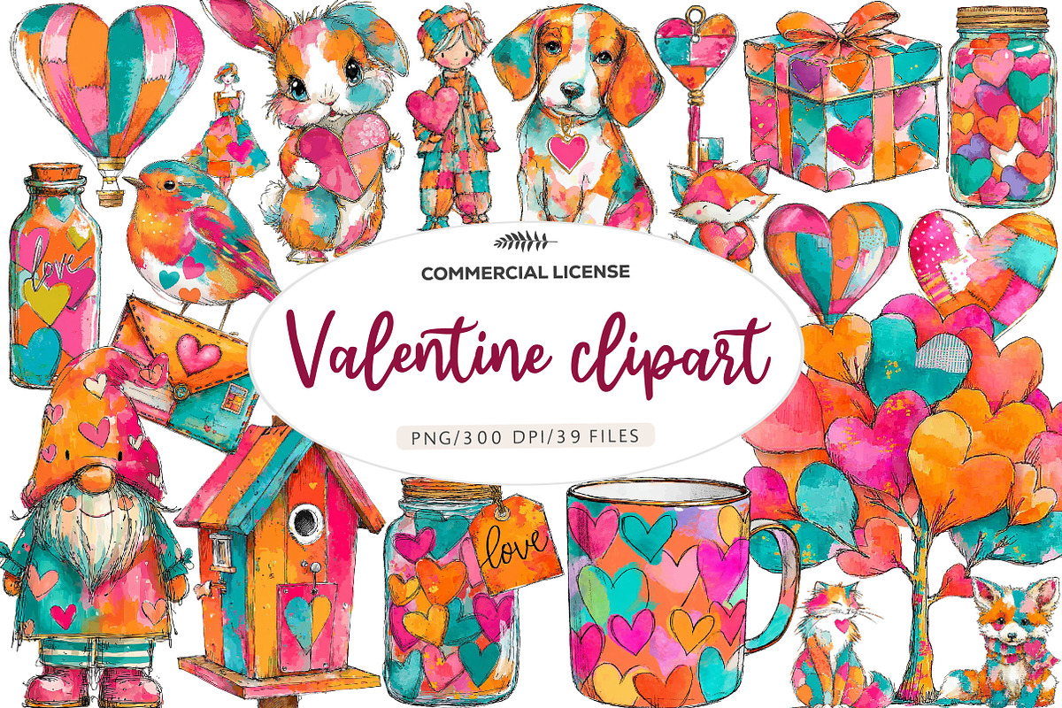Watercolor Cute Valentine Clipart, an Illustration by CreationArt (Photo 1 of 7)