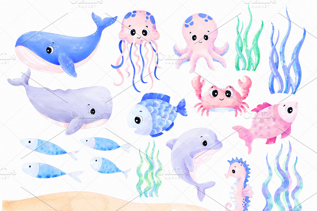 Watercolor Under Sea Animals Clipart, an Animal Illustration by MiracleArtAndDesign (Photo 2 of 8)