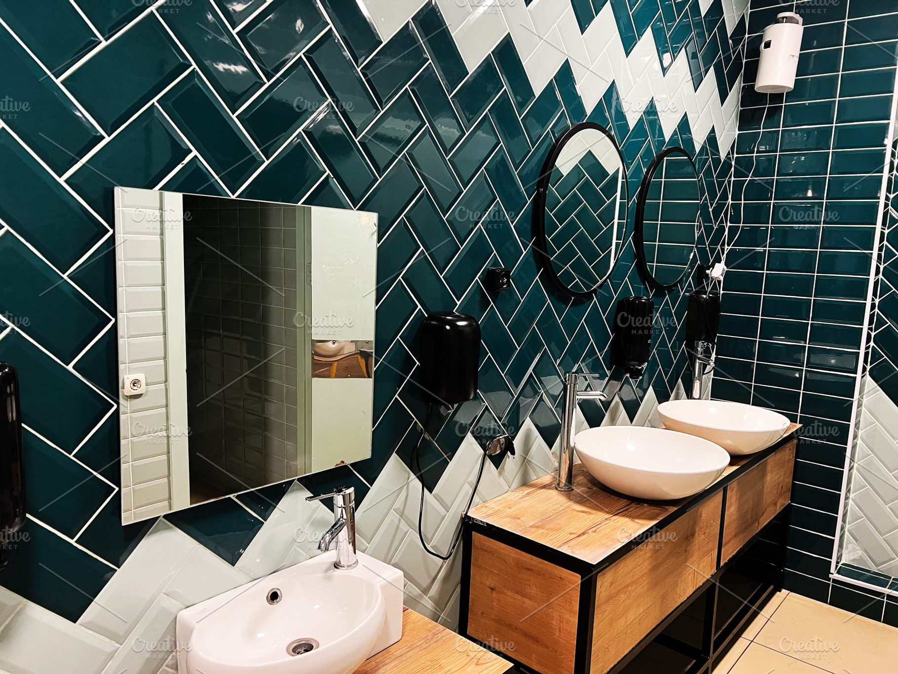 Modern bathroom interior with tiled walls and stylish sinks, a Photo by AS photostudio