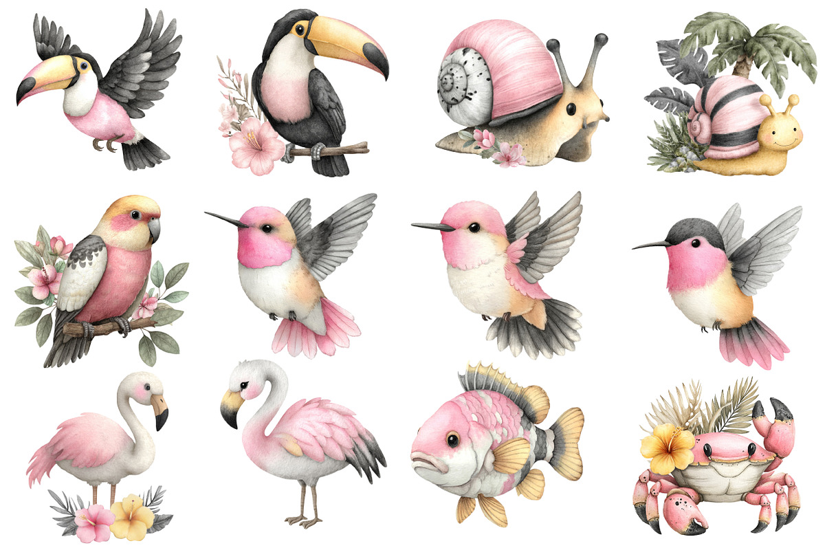 Watercolor Tropical Animals Clipart, an Illustration by Designworld (Photo 2 of 5)