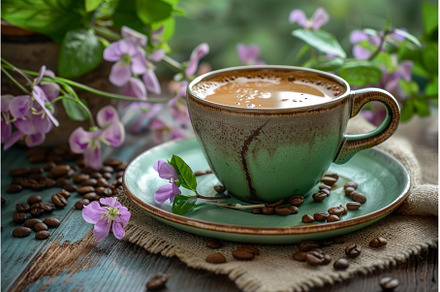 Rustic morning coffee with floral, a Food & Drink Photo by Ylivdesign