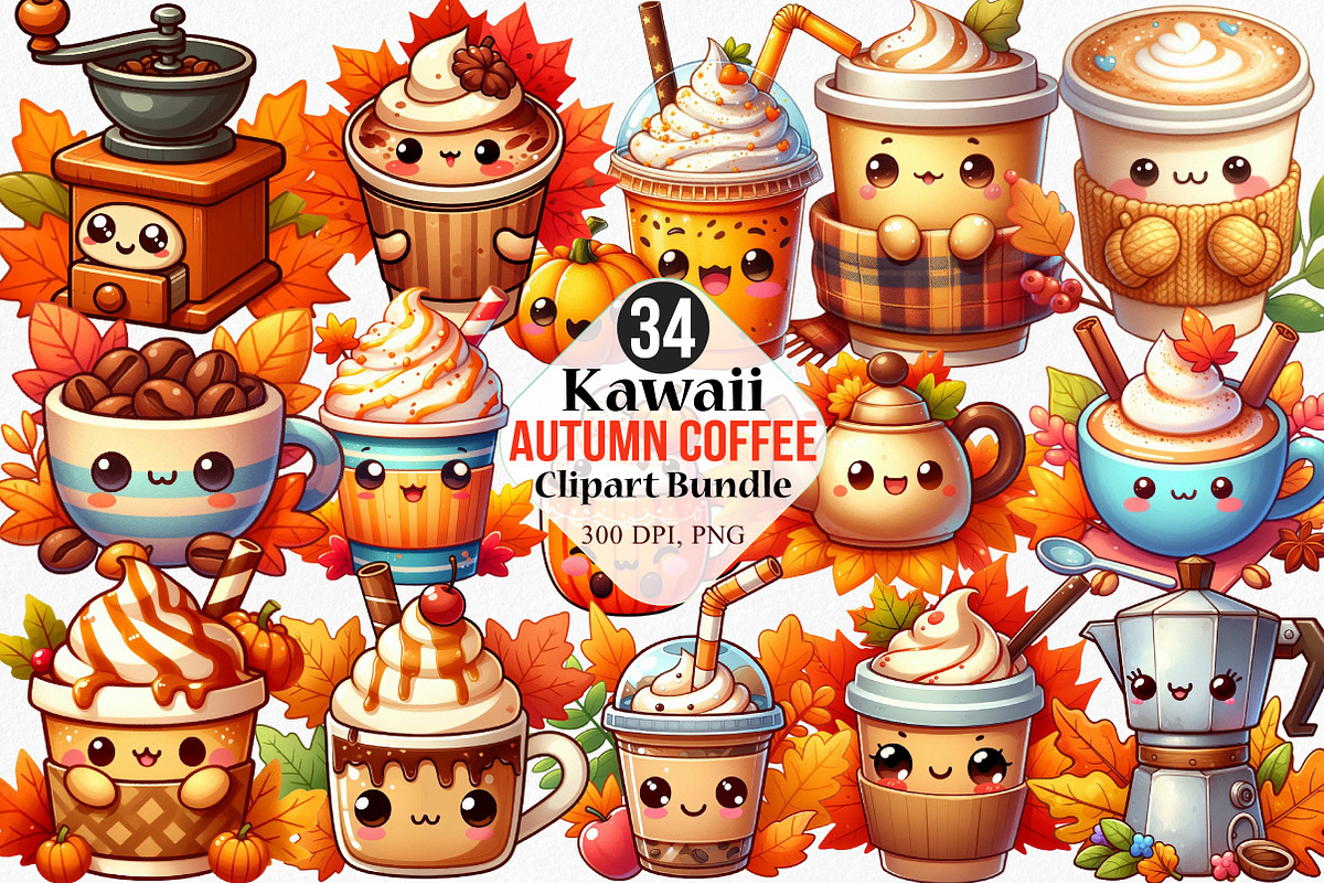 Kawaii Autumn Coffee Clipart Bundle, an Illustration by Canvas Craft (Photo 1 of 8)