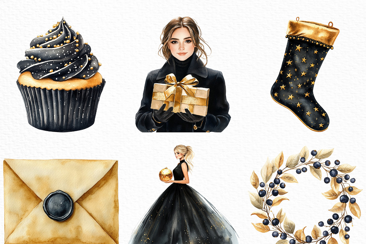 Christmas Black & Gold Clipart, an Illustration by Craft Nest (Photo 3 of 6)
