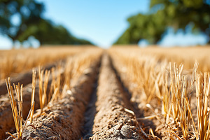 Low angle view of dry plowed field, an Industrial Photo by MistyDay