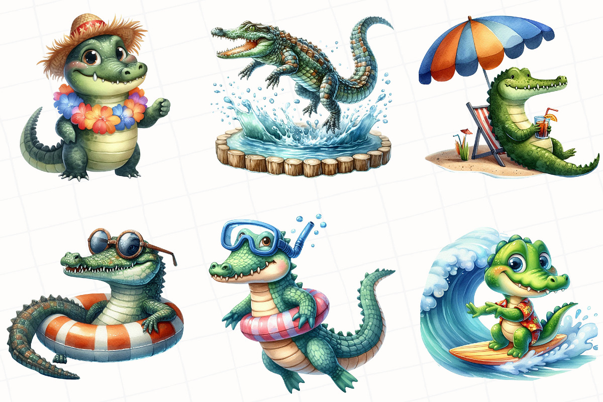 Watercolor Summer Crocodile Clipart, an Illustration by OK Design (Photo 2 of 5)