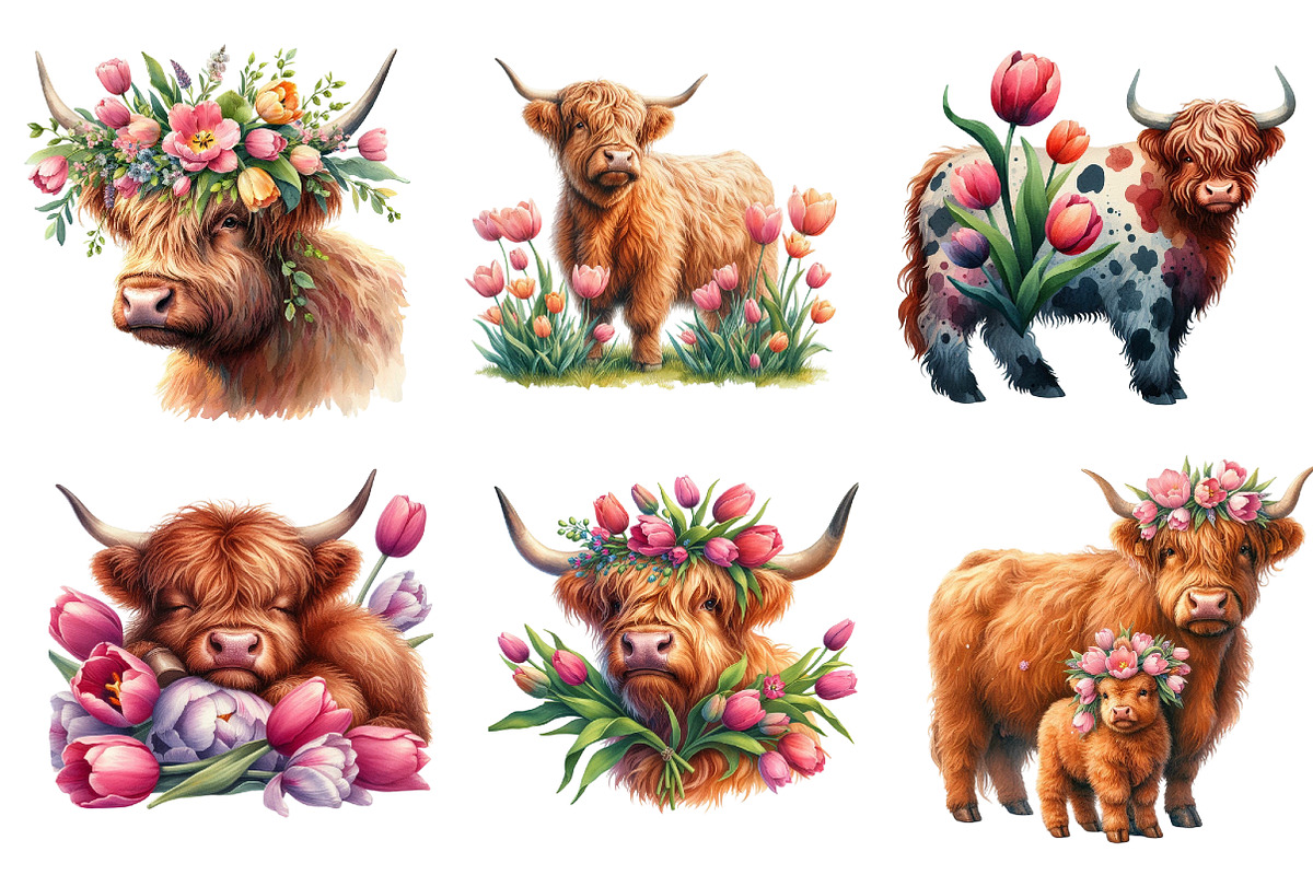 Highland Cow with Tulip Flower, a Seasonal Illustration by DreamArtGraphic (Photo 4 of 4)
