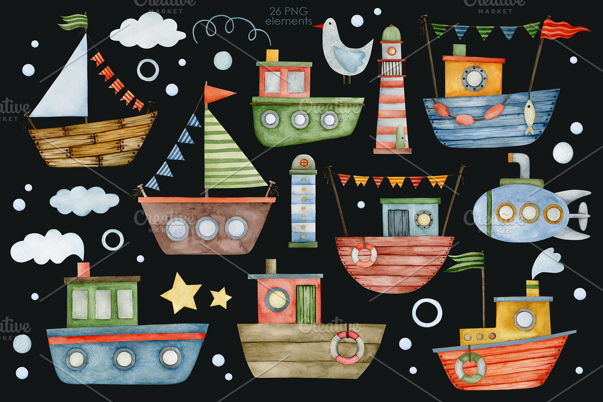 Watercolor Boat seamless patterns., a Decorative Illustration by Kira Konoshenko (Photo 3 of 16)