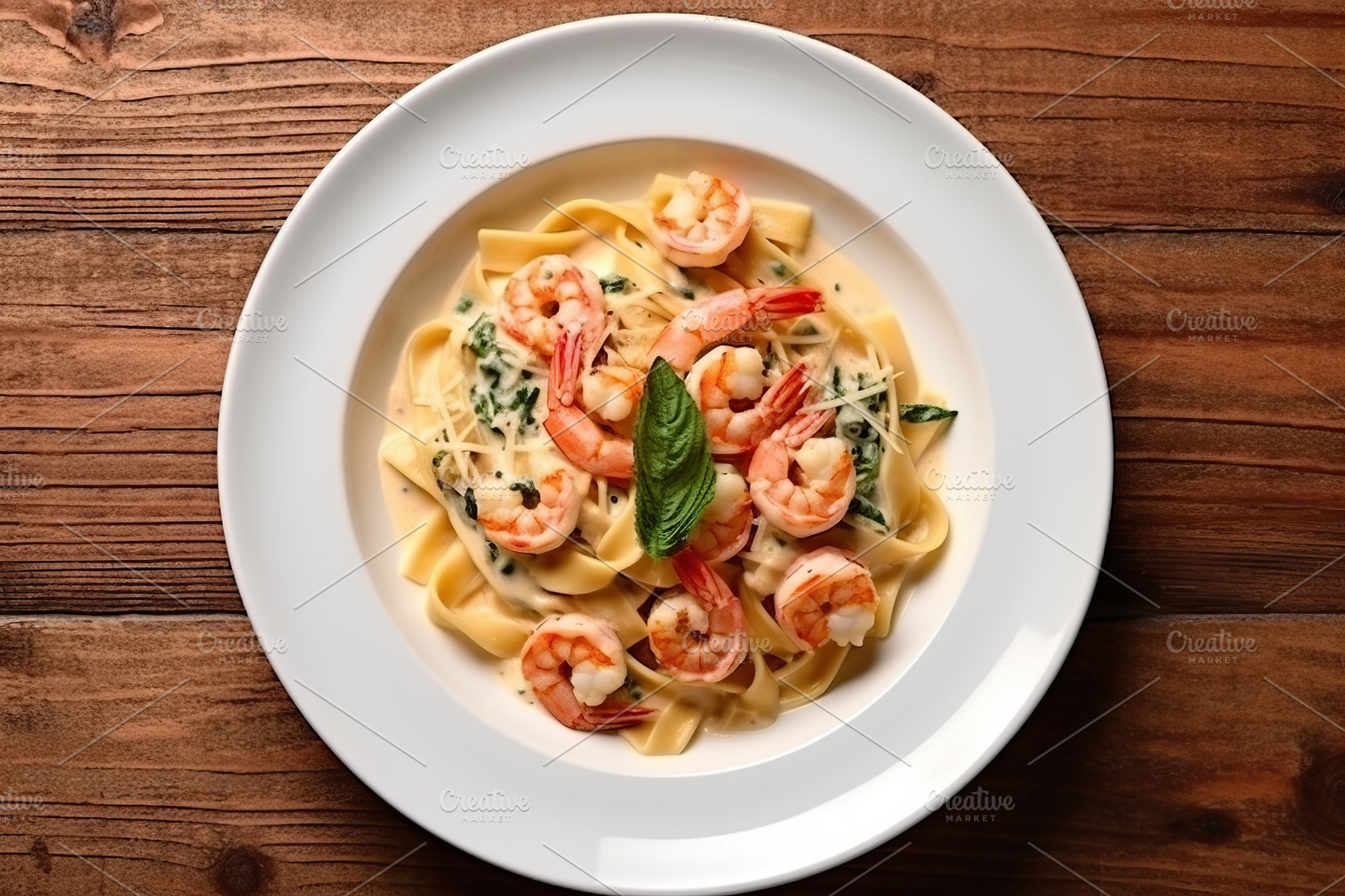 Italian pasta with creamy sauce and shrimp on plate. Generative aI, a Food & Drink Photo by AlyaAnd