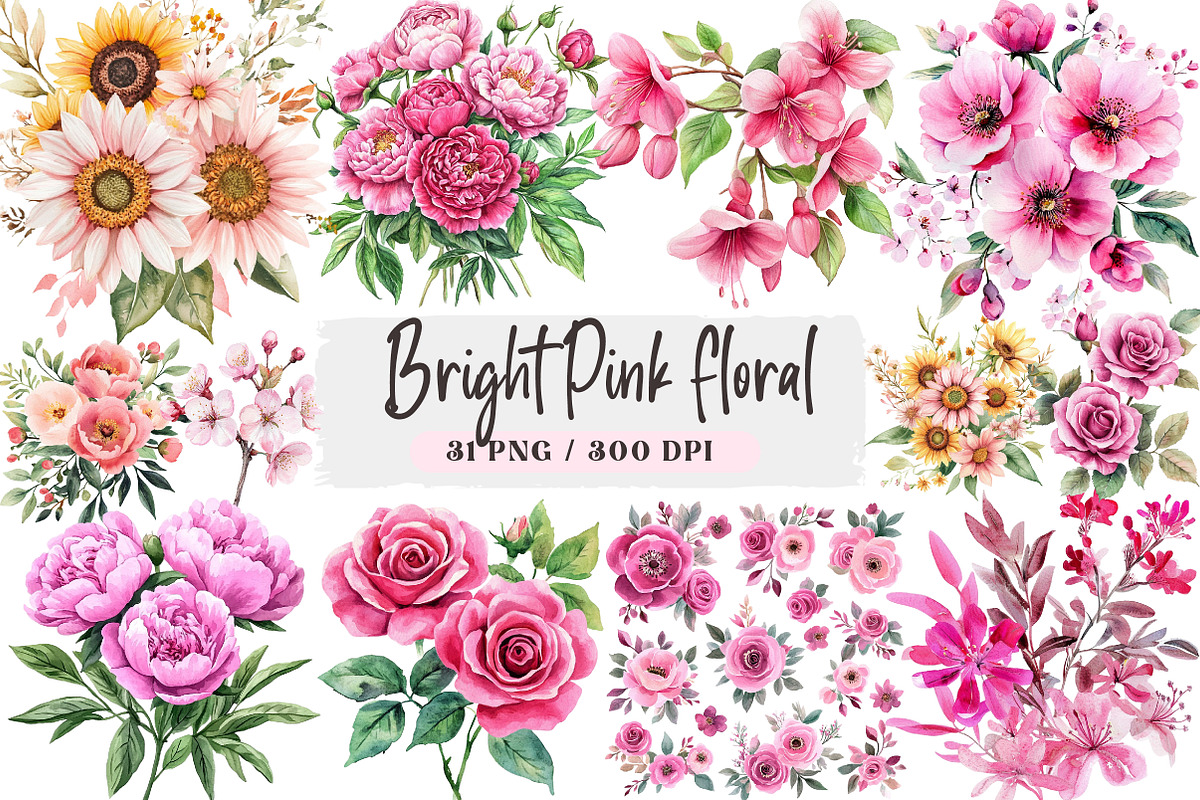 Bright Pink floral Clipart, an Illustration by DreamArtGraphic (Photo 1 of 4)