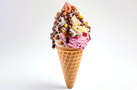 Colorful ice cream with sprinkles in waffle cone on white background, a Food & Drink Photo by AlyaAnd